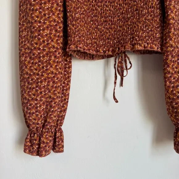 Moody Fall Sz Med Boho Floral Smocked Peasant Balloon Sleeve Crop Top Festival - Picture 8 of 15